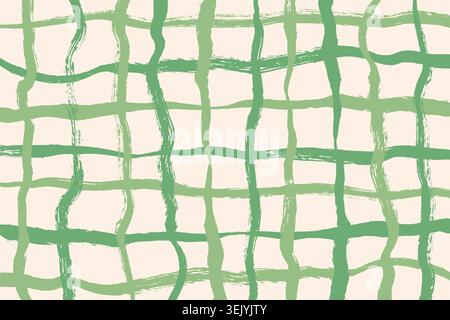 Brush stroke grid line green vector background. Grunge checkered irregular lines backdrop. Square grid fabric with rough paintbrush and marker lines Stock Vector