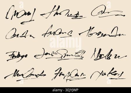 Brushstroke Sketch Fake Signatures. Grunge handwritten signatures vector set. Ink scribble textured autograph collection. Stock Vector