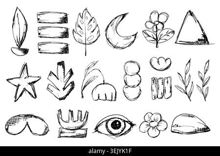 Crayon scribble doodle elements set. Y2k hand drawn pencil sketch icons. Abstract geometric shapes, stars and botanical leaves graphics Stock Vector
