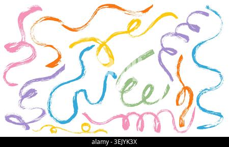 Grunge Abstract Colorful Wavy Lines Vector Set. Dynamic waves lines. Brush stroke curve wavy ribbons. Rough squiggle swirls collection Stock Vector