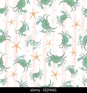 Watercolor Cute Crab, Starfish Seamless Pattern, Pastel Pink Striped Sea Background with Mint Crabs, Marine Life for Kids Fabric,   Wallpaper. Vector Stock Vector