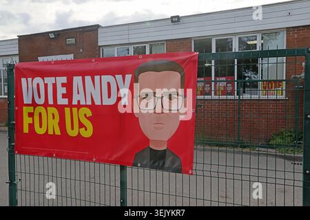 Vote Andy For Us banner outside campaign centre at 2 Walter Street, Ashton-in-Makerfield, during Andy Burnham’s Makerfield by-election campaign. Stock Photo