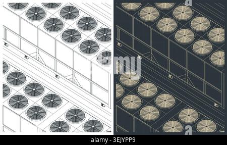 Industrial HVAC chiller isometric blueprints, stylized vector illustrations Stock Vector