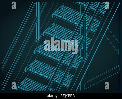 Industrial metal stairs isometric blueprint: stylized vector illustration Stock Vector