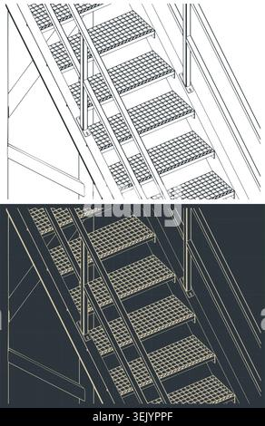 Industrial metal stairs isometric blueprints: stylized vector illustrations Stock Vector