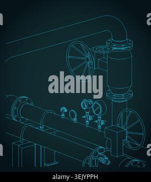 Industrial valves and pressure gauges isometric blueprint: stylized vector illustration Stock Vector