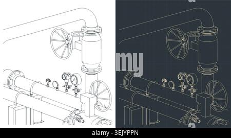 Industrial valves and pressure gauges isometric blueprints: stylized vector illustrations Stock Vector