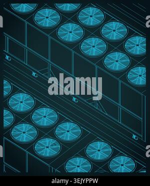 Industrial HVAC chiller isometric blueprint, stylized vector illustration Stock Vector