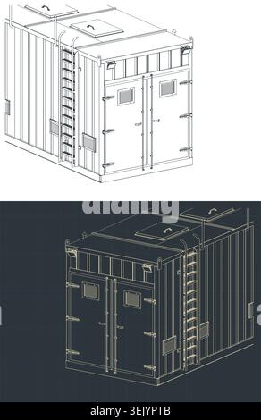 Industrial generator container isometric blueprints: stylized vector illustrations Stock Vector