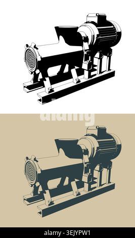 Industrial meat grinder with electric motor and reducer stylized vector illustrations Stock Vector