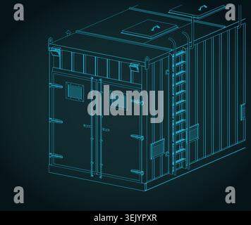 Industrial generator container isometric close-up blueprint: stylized vector illustration Stock Vector