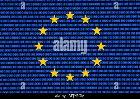 European Union flag over binary code background. Cybersecurity technology concept illustrating digital infrastructure data protection and cyber threat Stock Photo