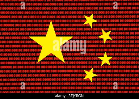 Chinese flag over binary code background. Digital technology, cybersecurity and data regulation concept in China. Stock Photo