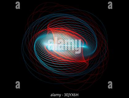 Dynamic abstract light trails forming a geometric energy pattern in red and blue created using long exposure photography. Stock Photo