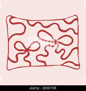 Hand drawn vector illustration of a rectangular pillow featuring a cute bow pattern and wavy lines. Simple decorative cushion element for cozy home Stock Vector