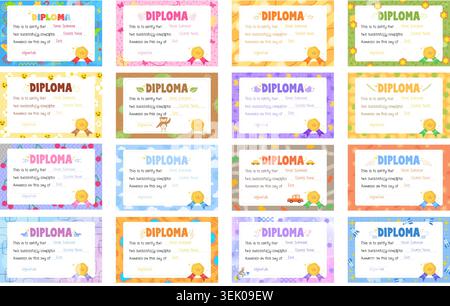 A set of colorful and playful kids diploma certificate templates in a cartoon style. Stock Vector