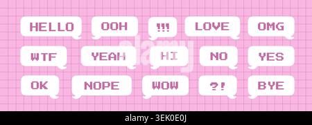 Pixel dialogue box. Retro game style communication with different text boxes. Dialogue balloon including pixel art frame. Vector set on grid Stock Vector
