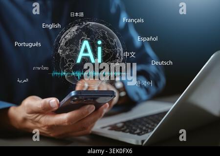 Ai technology application for automatic translation system supports multilingual communication via smartphone and laptop, artificial intelligence tran Stock Photo