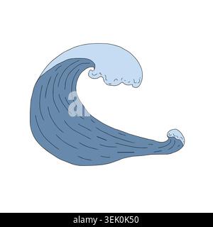 Ocean wave curling in sea Vector graphic illustration. Hand drawn Dynamic marine blue water splashes, foam, surf. Design element with foam swirls Stock Vector