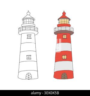 Lighthouse Vector graphic illustration doodle isolated on white background. Nautical classic sea beacon building icon for marine travel, navigation Stock Vector