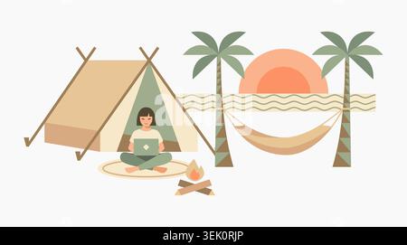 Flat vector illustration of a young woman working remotely on her laptop while camping at the beach. Features a boho tent, campfire. Stock Vector