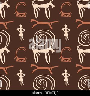 Prehistoric petroglyph seamless pattern with wild animals Stock Vector