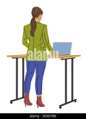 Business Woman stands at desk using laptop.  Stock Vector