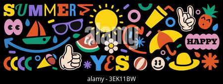 Summer vacation doodle pattern on a dark background. Vibrant holiday icons and playful elements. Vector illustration Stock Vector