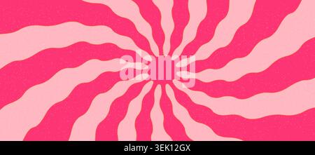 Pink wavy sunburst background with retro grain texture. Bright vibrant summer graphic design. Vector illustration. Stock Vector