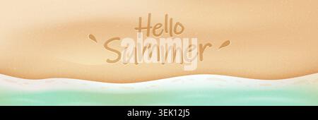 Hello Summer text written on a sandy beach background. Tropical vacation and travel concept. Vector illustration Stock Vector