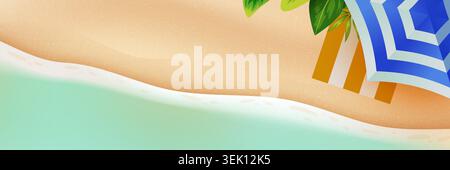 Summer beach background with umbrella and palm leaf. Tropical shore view for holiday travel. Vector illustration Stock Vector