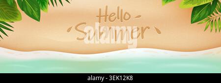 Hello Summer tropical beach background with palm leaves and sand. A sunny coastal seasonal Vector illustration Stock Vector