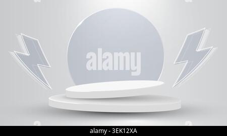 Minimalist product display stand with glass circles and lightning bolts. Modern stage background. Vector illustration Stock Vector