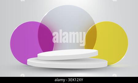 Minimalist product display podium with colorful glass circles. Empty platform for your presentation. Vector illustration Stock Vector