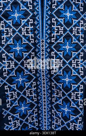 Ukrainian Vyshyvanka Men Embroidered Shirt Blue Geometric Ornaments Traditional National Folk Blouse in Ukraine Stock Photo