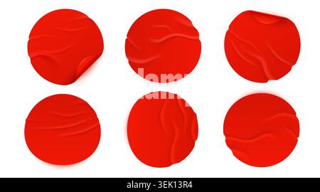 Set of wrinkled red round stickers. Adhesive labels with creases and folded corners. Vector illustration. Stock Vector