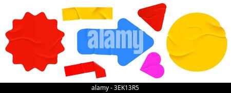 Set of colorful wrinkled paper stickers and tape elements on white background. Vector illustration. Stock Vector