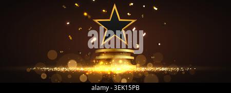 Golden star award on pedestal. Celebration background with confetti. Vector illustration Stock Vector