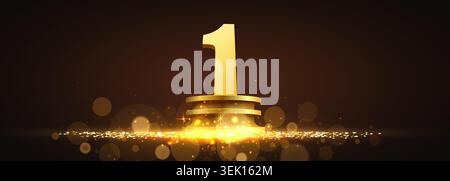 Golden number one on a podium. Winner award celebration banner. Vector illustration Stock Vector