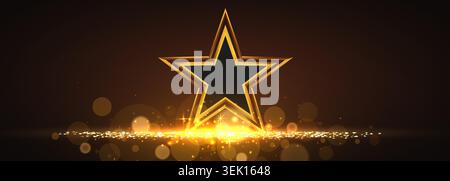 Golden star banner on dark background with glowing bokeh lights. Vector illustration Stock Vector
