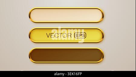 Set of golden rounded UI buttons and frames for web design interface elements. Vector illustration Stock Vector
