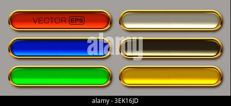 Set of glossy UI buttons with golden frames for web and app design interface. Vector illustration. Stock Vector