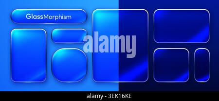Glassmorphism UI elements and frames set in blue gradient. Modern frosted glass buttons. Vector illustration Stock Vector