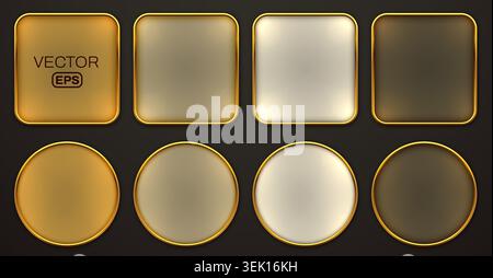 Set of golden frosted glass buttons and frames. Elegant UI elements for app or web design. Vector illustration Stock Vector