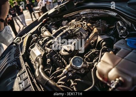 Rome, italy 29 may 2026: car engine with open hood showing detailed mechanical components, hoses, wiring and cooling system for automotive performance Stock Photo