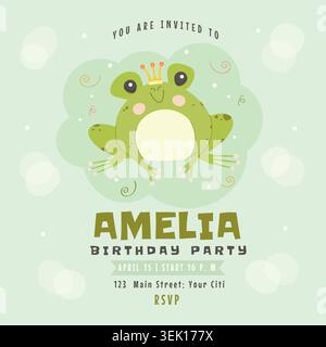 Cute frog birthday party invitation template vector illustration. Stock Vector