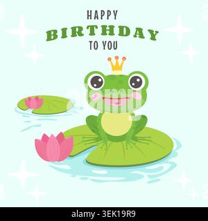Vector illustration of a cute smiling cartoon frog prince with a golden crown sitting on a lotus leaf in a pond with pink water lily. Happy birthday Stock Vector