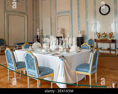 Pilsrundale, Latvia - Aug 23, 2023: Interior of Rundale palace, monument of Baroque and Rococo art in Latvia. Rundāle palace dining room. Bauska Munic Stock Photo