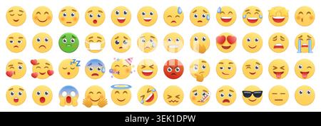 Collection of colorful emoji faces showing happy, sad, laughing, crying, sick, angry, sleepy, and love reactions in a flat cartoon style isolated on white background vector illustration Stock Vector