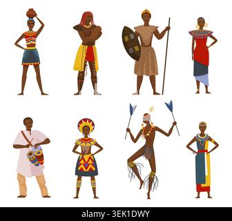 Set of traditional african black people wearing colorful tribal costumes, jewelry and accessories, including warrior, dancer and drummer characters, isolated on white background vector illustration Stock Vector